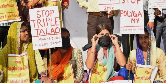 Activists of Joint Movement Committee protest on the issue of 'Triple Talaq' at Jantar Mantar in New Delhi.
