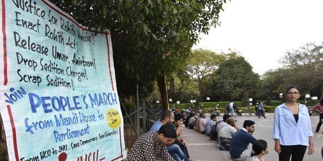 JNU students during a protest against the arrest of JNU students at JNU campus.