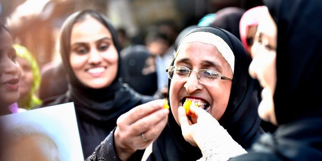Muslim women celebrate after verdict given by the Supreme Court for banning Triple Talaq.