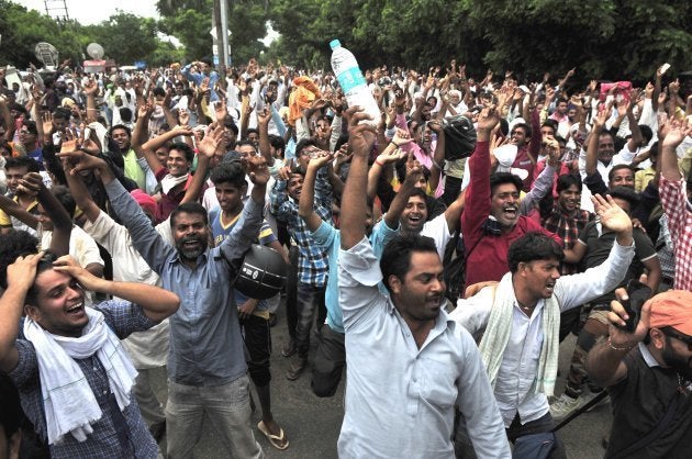 PANCHKULA, INDIA - AUGUST 25: Dera Followers Celebrating when they got fake news about releasing of Dera chief Gurmeet Ram Rahim Singh insan from CBI court while later he was declared accused on August 25, 2017 in Panchkula, India.