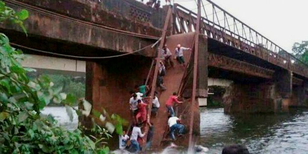 Rescue and relief work in progress after the Sanvordem Bridge collapsed in Curchorem, South Goa on Thursday.
