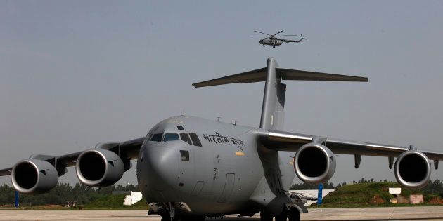 Boeing C-17 Globemaster III heavy-lift transport aircrafts standing at Hindon Airbase during its induction into Indian Air Force on September 2, 2013 in Ghaziabad, India.