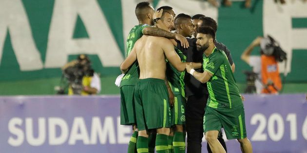 FILE PHOTO of players of Brazil's Chapecoense celebrating at the end of a Copa Sudamericana semifinal soccer match against Argentina's San Lorenzo in Chapeco, Brazil, Wednesday, Nov. 23, 2016.