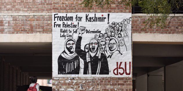 NEW DELHI, INDIA - MARCH 3: A contoversial poster reading Freedom for Kashmir put up on social science department wall by student organization DSU at JNU campus in March, 2017.