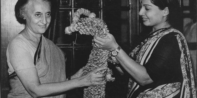 AIADMK Leader Jayalalithaa the newly elected Rajya Sabha Member with the Prime Minister Indira Gandhi on April 21, 1984 in New Delhi, India.