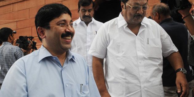Dayanidhi Maran (left), with DMK members MK Alagiri and D Napoleon at the Parliament House in New Delhi (Photo by Naveen Jora/India Today Group/Getty Images).
