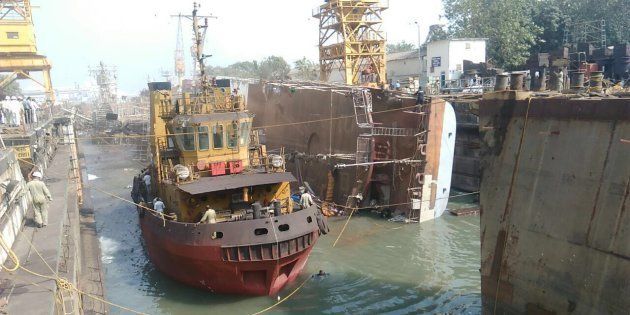 INS Betwa tipped over side ways on Monday and was badly damaged.