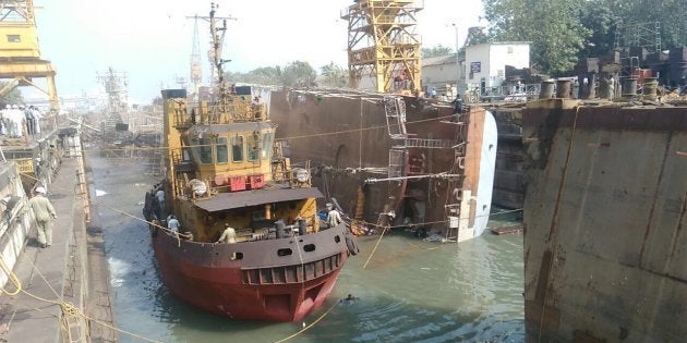 INS Betwa tipped over side ways on Monday and was badly damaged.