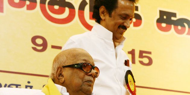 M Karunanidhi with his son MK Stalin. (Photo by Jaison G/India Today Group/Getty Images)