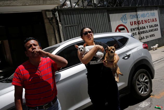 A woman carry her dogs while waiting outside their home after an earthquake in Mexico City.