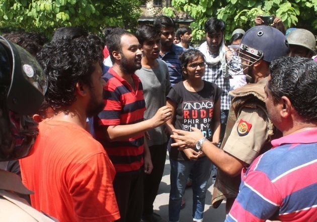 Students protest at a rally against the police action on agitating students at Banaras Hindu University (BHU) campus.