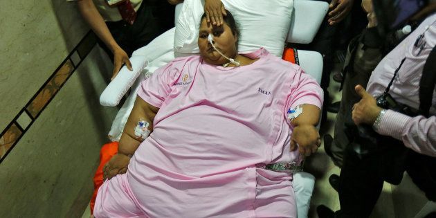 Eman Ahmed, an Egyptian woman who underwent weight loss surgery, is carried on a stretcher as she leaves a hospital in Mumbai, India May 4, 2017.