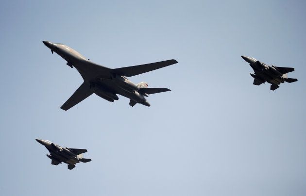 A U.S. Air Force B-1B bomber flies over Osan Air Base in Pyeongtaek, South Korea, September 13, 2016.