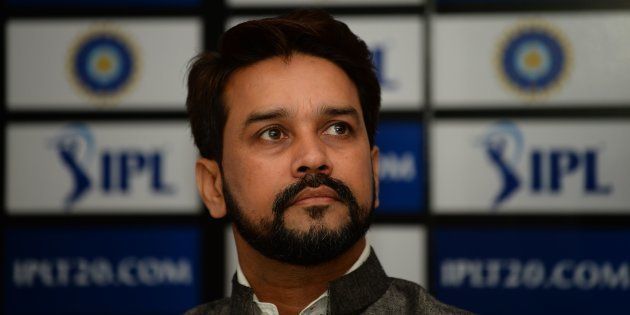 Board of Control for Cricket in India (BCCI) President Anurag Thakur looks on as he speaks during a press conference in New Delhi on September 18, 2016. / AFP / SAJJAD HUSSAIN
