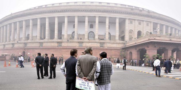 Opposition stages protest near Gandhi Statue inside Parliament premises over demonetisation issue on December 8.