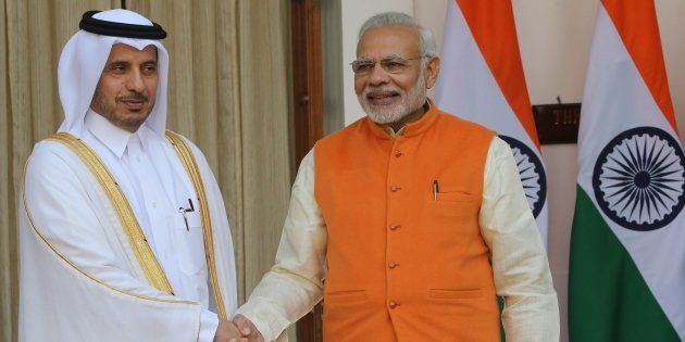 Indian Prime Minister Narendra Modi with Prime Minister of Qatar Sheikh Abdullah bin Nasser bin Khalifa Al Thani at Hyderabad House, New Delhi, on December 03, 2016.