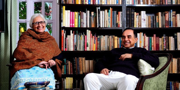 Subramanian Swamy and his wife Roxna Swamy, January 18, 2013 in New Delhi, India. (Photo by Priyanka Parshar/Mint via Getty Images)