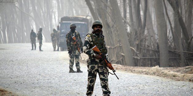 Indian paramilitary soldiers in Bijbehara near Srinagar in Kashmir.