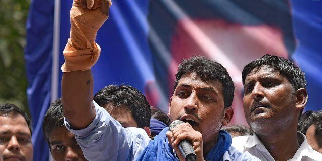 Chandrashekhar, founder of Bhim Army, addressing the crowds during the protest against injustice towards Dalits in Saharanpur.
