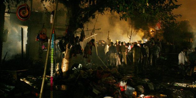 View of the scene of an explosion in Sarojini Nagar market in New Delhi October 29, 2005.