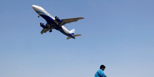 An IndiGo Airlines aircraft prepares to land.