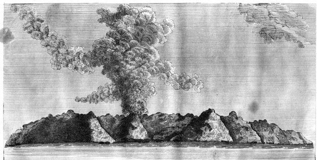 'View of the volcano on Barren Island', Andaman Islands, 1799. The first recorded eruption of the volcano occurred in 1787. A print from Asiatic Researches or Transactions of the Society Instituted in Bengal, for Inquiring into the History and Antiquities, the Arts, Sciences and Literature of Asia, Vol IV, by J Sewell, Vernor and Hood, J Cuthell, J Walker, R Lea, Lackington, Allen and Co, Otridge and Son, R Faulder and J Scatchered, 1799. (Photo by The Print Collector/Print Collector/Getty Images)