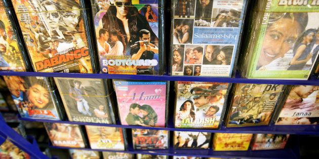 Bollywood movies are seen on display at a video store in Islamabad, Pakistan.