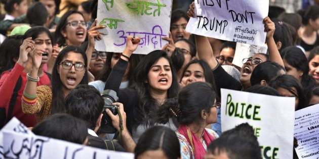 NEW DELHI, INDIA - FEBRUARY 28: During the AISA, JNUTA, and Delhi University Students protest March against ABVP wing after 22feb issue at khalsha Collage to art faculty in Delhi university on February 28, 2017 in New Delhi, India. (Photo by Raj K Raj/Hindustan Times via Getty Images)