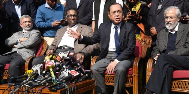 NEW DELHI, INDIA - JANUARY 12: Supreme Court Judges ( L TO R ) Kurian Joseph, J Chelameswar, Ranjan Gogoi and Madan Lokur addressing the media on January 12, 2018 in New Delhi, India. Four Supreme Court judges took the unprecedented step of publicly criticising chief justice Dipak Misra over the allocation of cases at a press conference on Friday, warning a lack of impartiality could imperil Indias democracy. (Photo by Arvind Yadav/Hindustan Times via Getty Images)