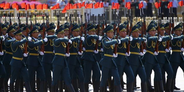 Kyrgyzstan's soldiers march during the military parade marking the 70th anniversary of the end of World War Two, in Beijing, China, September 3, 2015. REUTERS/Damir Sagolj