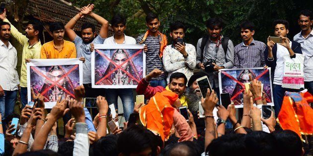 Rajput Karni Sena workers protesting outside the Central Board of Film Certification (CBFC) office in connection with the release of film Padmavat at Peddar Road, on January 12, 2018, in Mumbai.