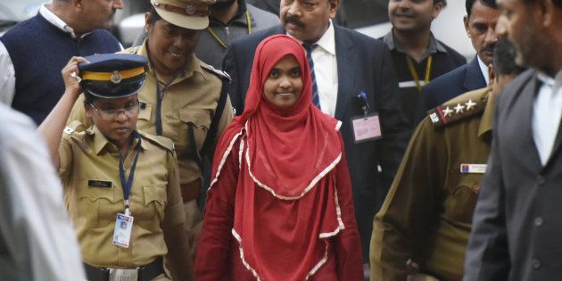 24-year-old Hadiya alias Akhila (In Red Dress) at the supreme court after hearing on November 27, 2017 in New Delhi, India.