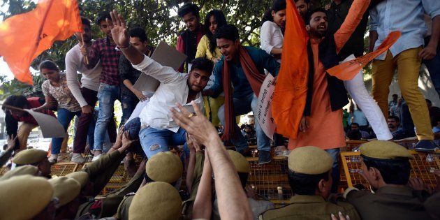 Members of ABVP protest for demand action against February 9 incident where Left-leaning students allegedly supporting anti-national activities, at PHQ, on March 1, 2017 in New Delhi
