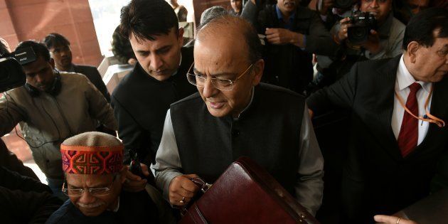 Indian Finance Minister Arun Jaitley arrives at Parliament House to present the Union Budget.