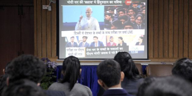 NOIDA, INDIA - FEBRUARY 16: Prime minister Narendra Modi interaction (pariksha par charcha) with students over exam stress, on February 16, 2018 in Noida, India. (Photo by Sunil Ghosh/Hindustan Times)