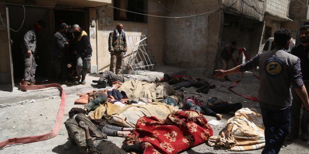 Dead bodies of Syrians are seen after Assad regime forces allegedly conducted poisonous gas attack to Douma town of Eastern Ghouta in Damascus, Syria.