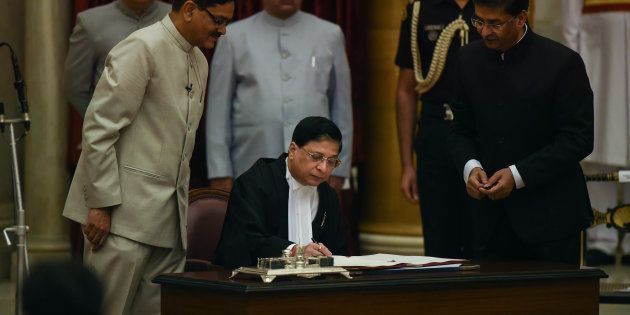 NEW DELHI, INDIA AUGUST 28: Dipak Misra during his oath ceremony as a New Chief Justice of India at Rashtrapati Bhavan in New Delhi.(Photo by Pankaj Nangia/India Today Group/Getty Images)