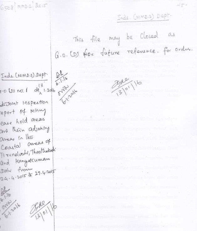 A filing noting indicating senior Tamil Nadu officials used the now discredited Joint Inspection Report to stymie an inquiry into illegal beach mining.