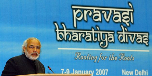 Narendra Modi addresses delegates during the second day of the Fifth 'Pravasi Bharatiya Divas' (Overseas Indian conference) in New Delhi, 08 January 2007.