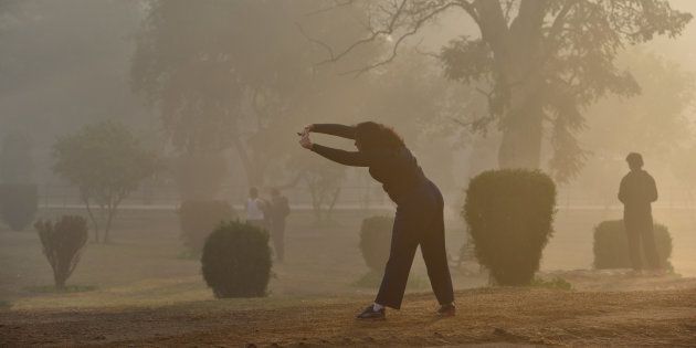 Morning walkers and fitness enthusiasts come to Lodhi garden early on a winter morning.