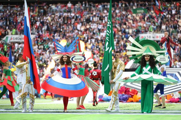 Artists representing the countries that were playing the first match -- Russia and Saudia Arabia -- perform at the ceremony.