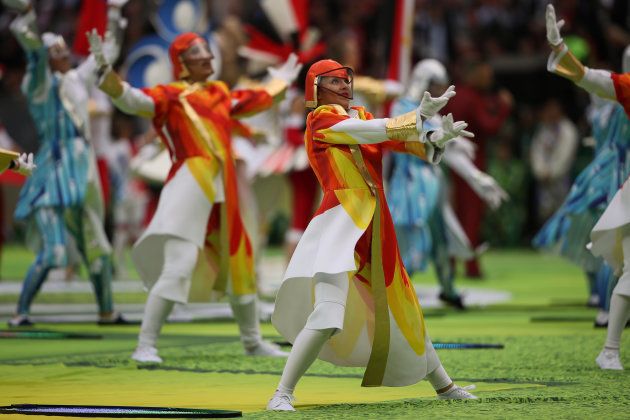 Dancers perform at the Luzhniki Stadium.