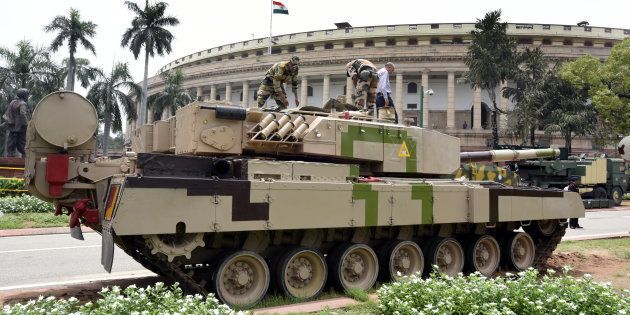 The Arjun tank stationed on the Parliament House premises for an exhibition in August 2016 in New Delhi, India.