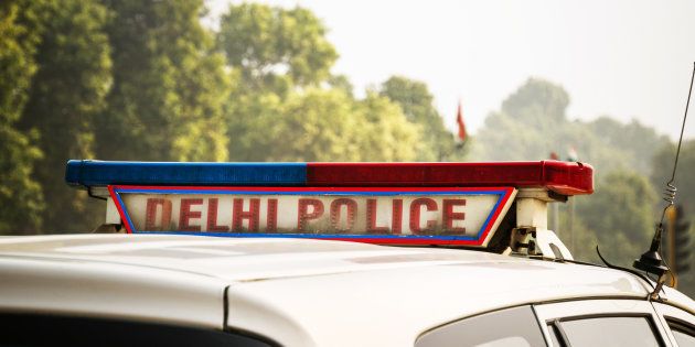 A police car on the street in New Delhi, India,