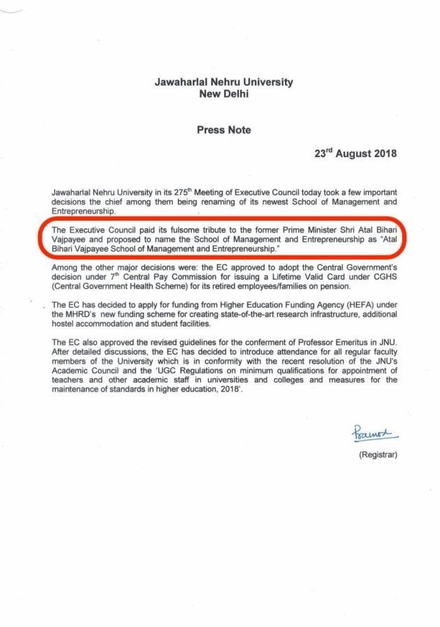 Jawaharlal Nehru University press release