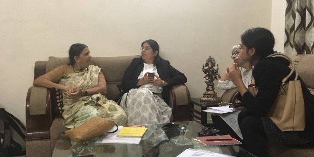 Sudha Bharadwaj (left) with lawyers on Wednesday.