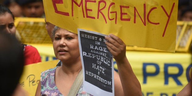 Citizens stage a protest against the police raids and arrest of human right activists, at Maharashtra Sadan, on August 29, 2018 in New Delhi, India. Five human right activists Sudha Bharadwaj, Gautam Navlakha, Arun Ferreira, Vernon Gonsalves, and P Varavara Rao in connection of Bhima Koregaon violence by Maharashtra police.