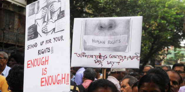 A protest rally against the arrest of the five activists.