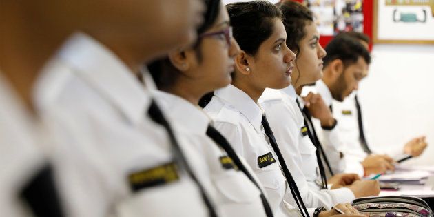 Female students attend a class at the Bombay Flying Club's College of Aviation in Mumbai, India, August 28, 2018. Picture taken August 28, 2018. REUTERS/Danish Siddiqui
