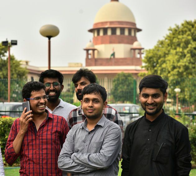 NEW DELHI, INDIA - JULY 10: Krishna Reddy Medikonda (L), Akhilesh Godi(back row left), Anurag Kalia(back row right), Romel Barel (C) and Avnesh Pokkuluri (R), are among the 20 IITians whose writ petition challenging Section 377 is currently being heard in the Supreme Court.